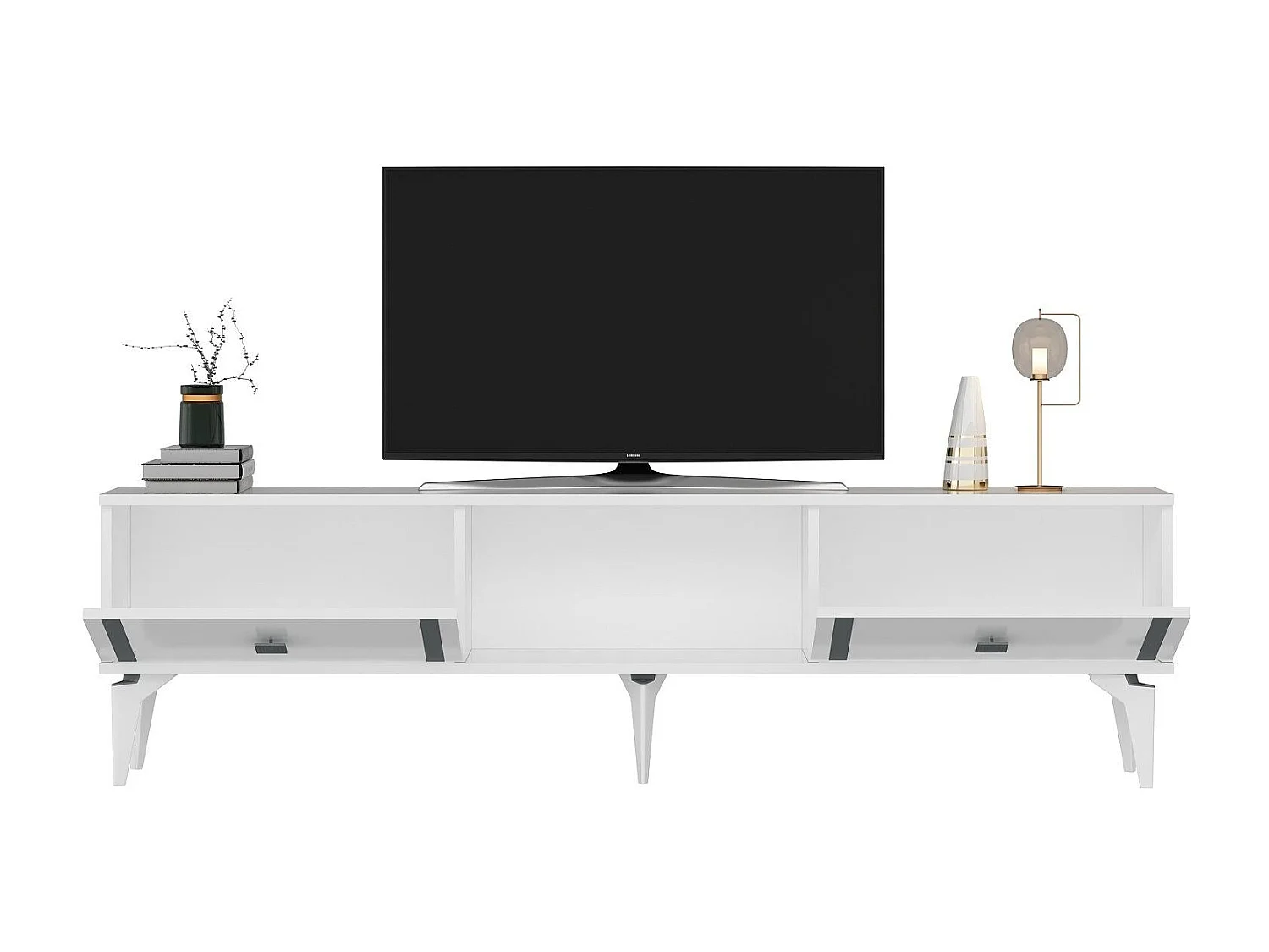Meuble Tv design 2 portes basculantes Hegha L150cm Blanc et Argent