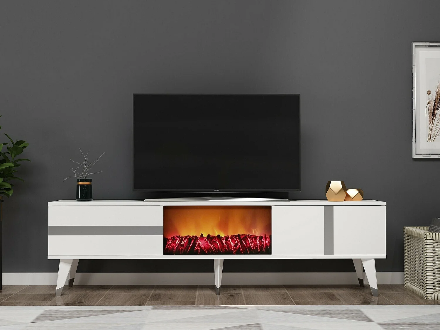 Mesa de tv Kailua 1993, Plata|Blanco, 150x50x30cm