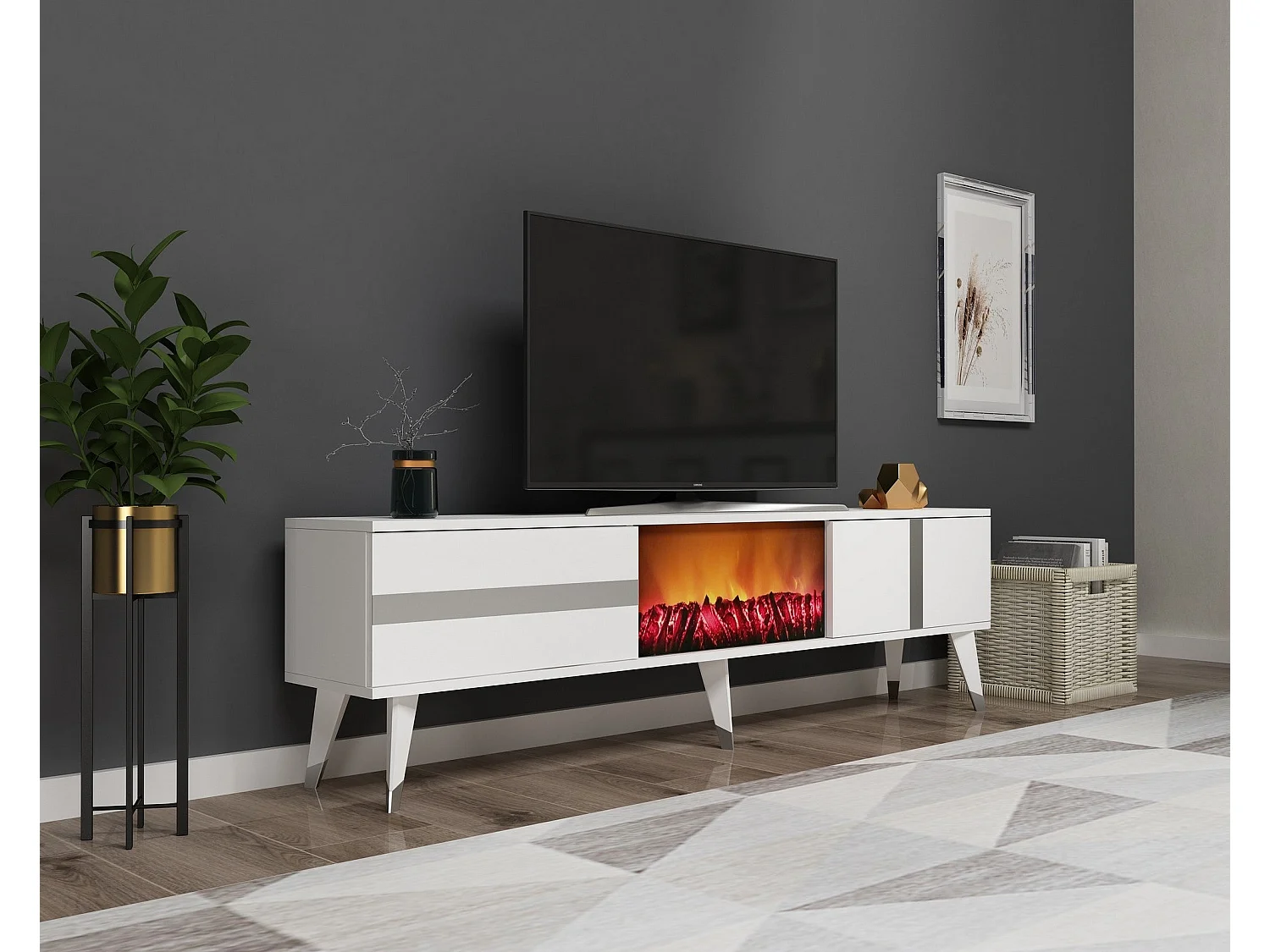 Mesa de tv Kailua 1993, Plata|Blanco, 150x50x30cm