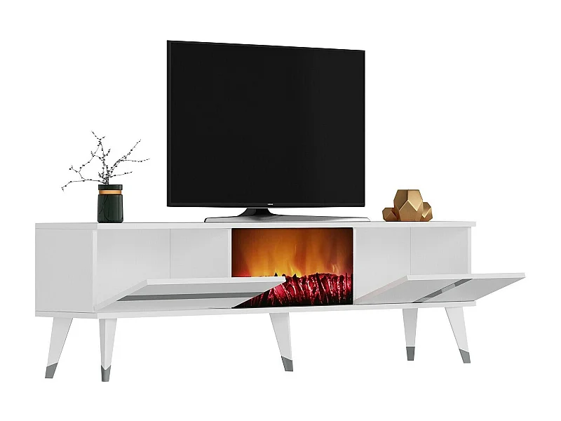 Szafka RTV z kominkiem elektrycznym – 150 cm x 50 cm x 29,6 cm – biała i srebrna – melamina