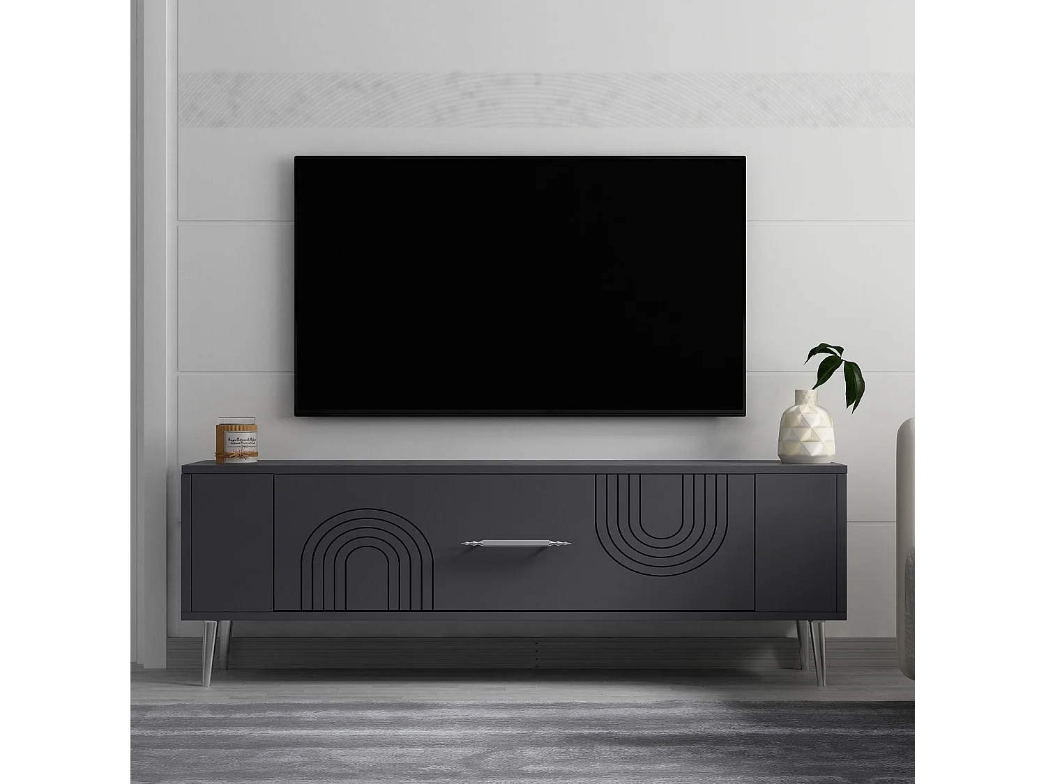 TV-Ständer – 120 cm x 48,2 cm x 26,4 cm – Anthrazit und Silber – Melaminbeschichtete Spanplatte