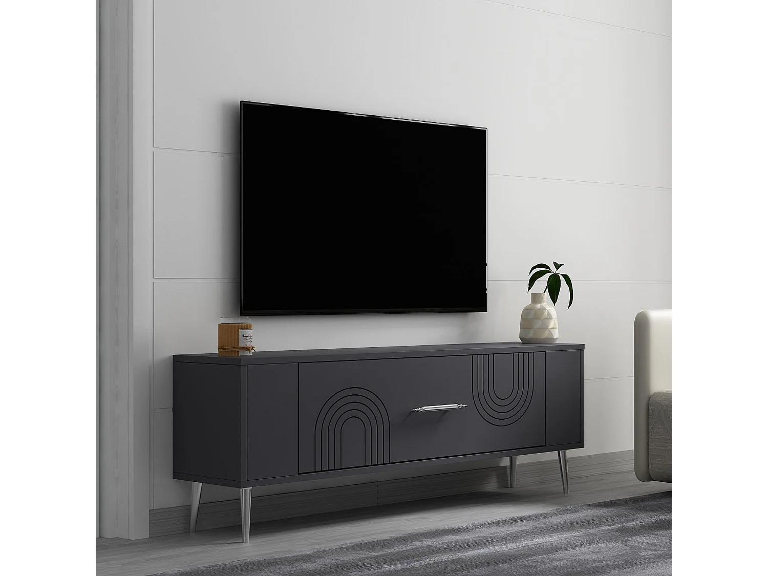 TV-Ständer – 120 cm x 48,2 cm x 26,4 cm – Anthrazit und Silber – Melaminbeschichtete Spanplatte