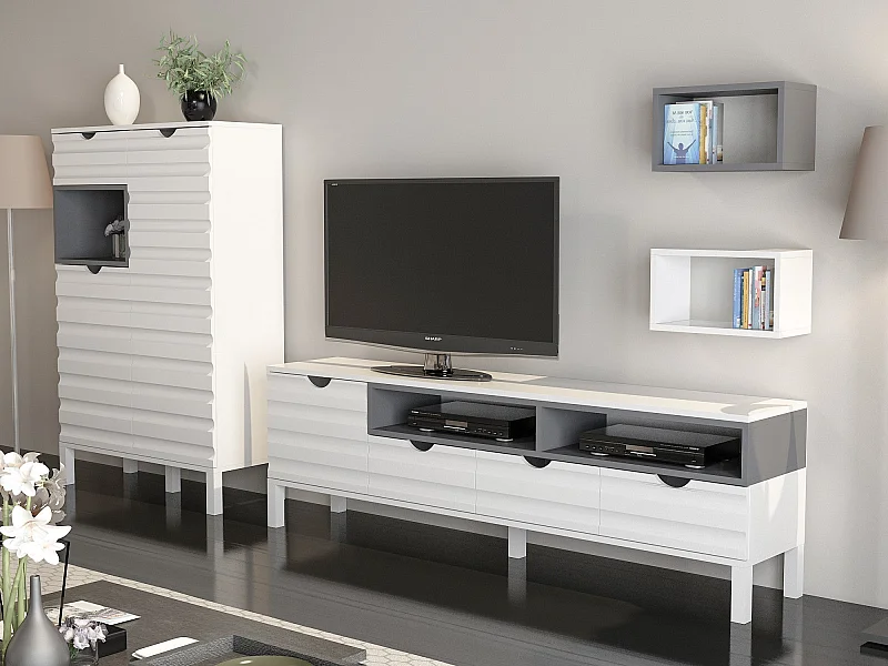 Moderne tv-standaard, wit en antraciet, 180 cm | 100% melamine gecoat, 18 mm dik | Wandmontage, meerdere planken, stijlvolle opbergoplossing