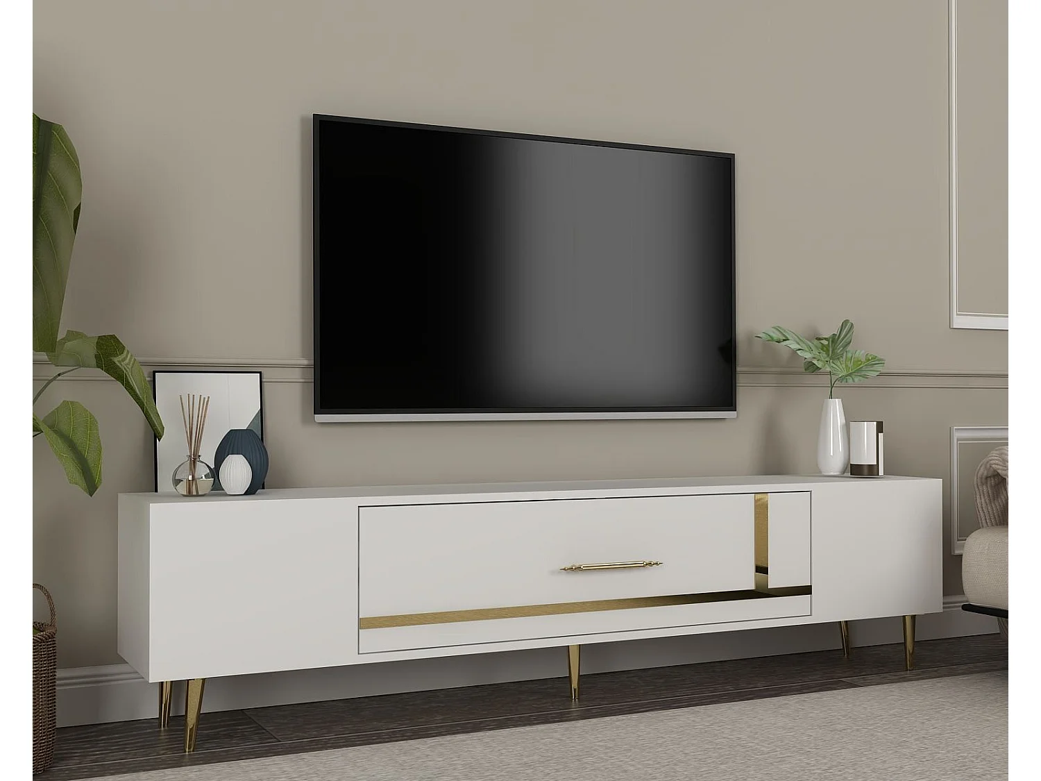 Meuble Tv design 1 porte basculante Fany L150cm Blanc et Or