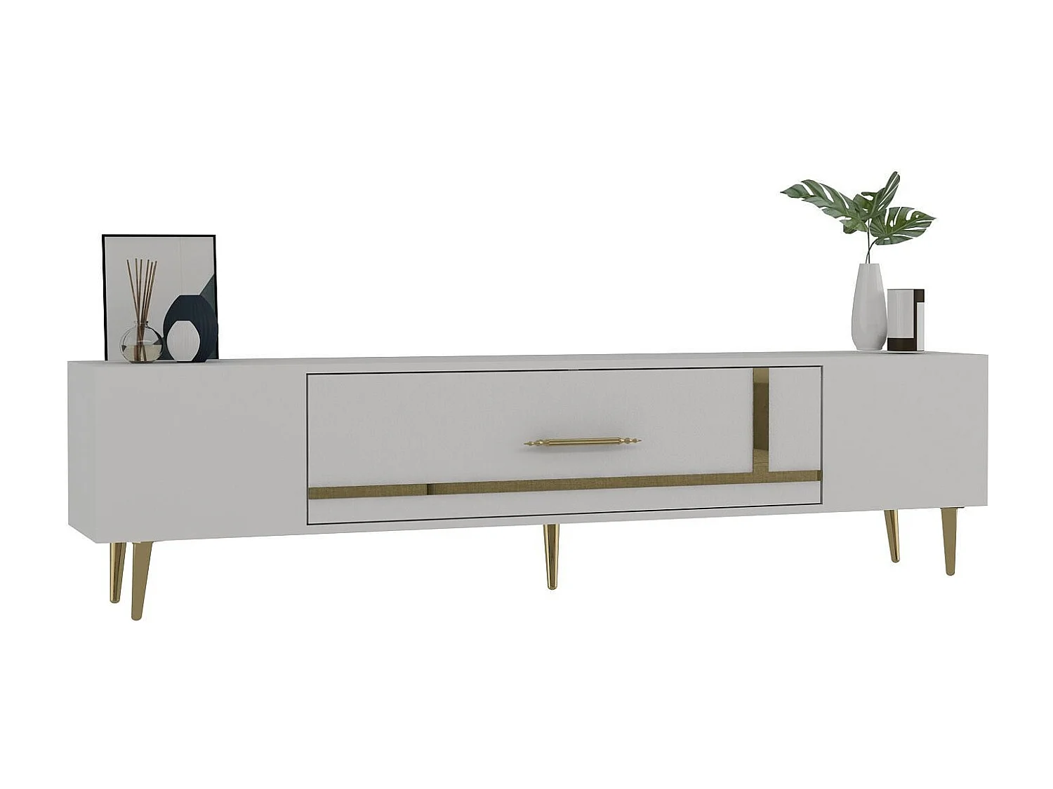 Meuble Tv design 1 porte basculante Fany L150cm Blanc et Or