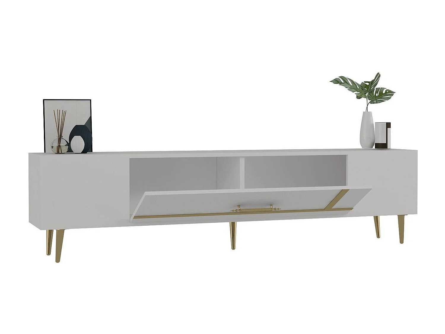 Meuble Tv design 1 porte basculante Fany L150cm Blanc et Or