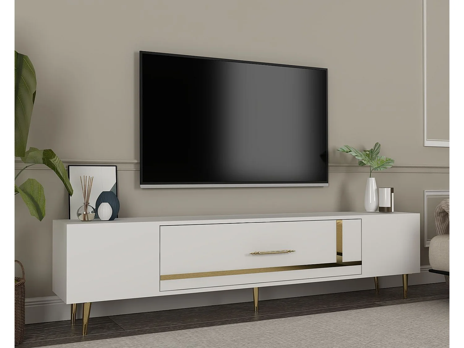 Meuble Tv design 1 porte basculante Fany L150cm Blanc et Or