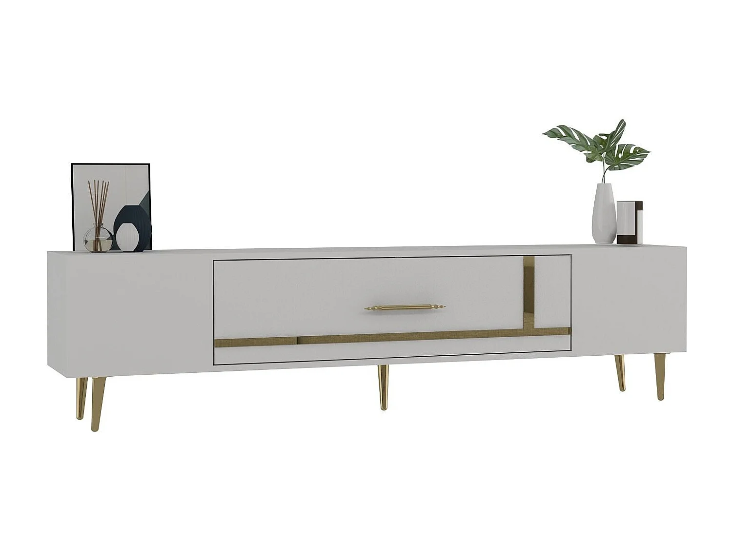 Meuble Tv design 1 porte basculante Fany L150cm Blanc et Or