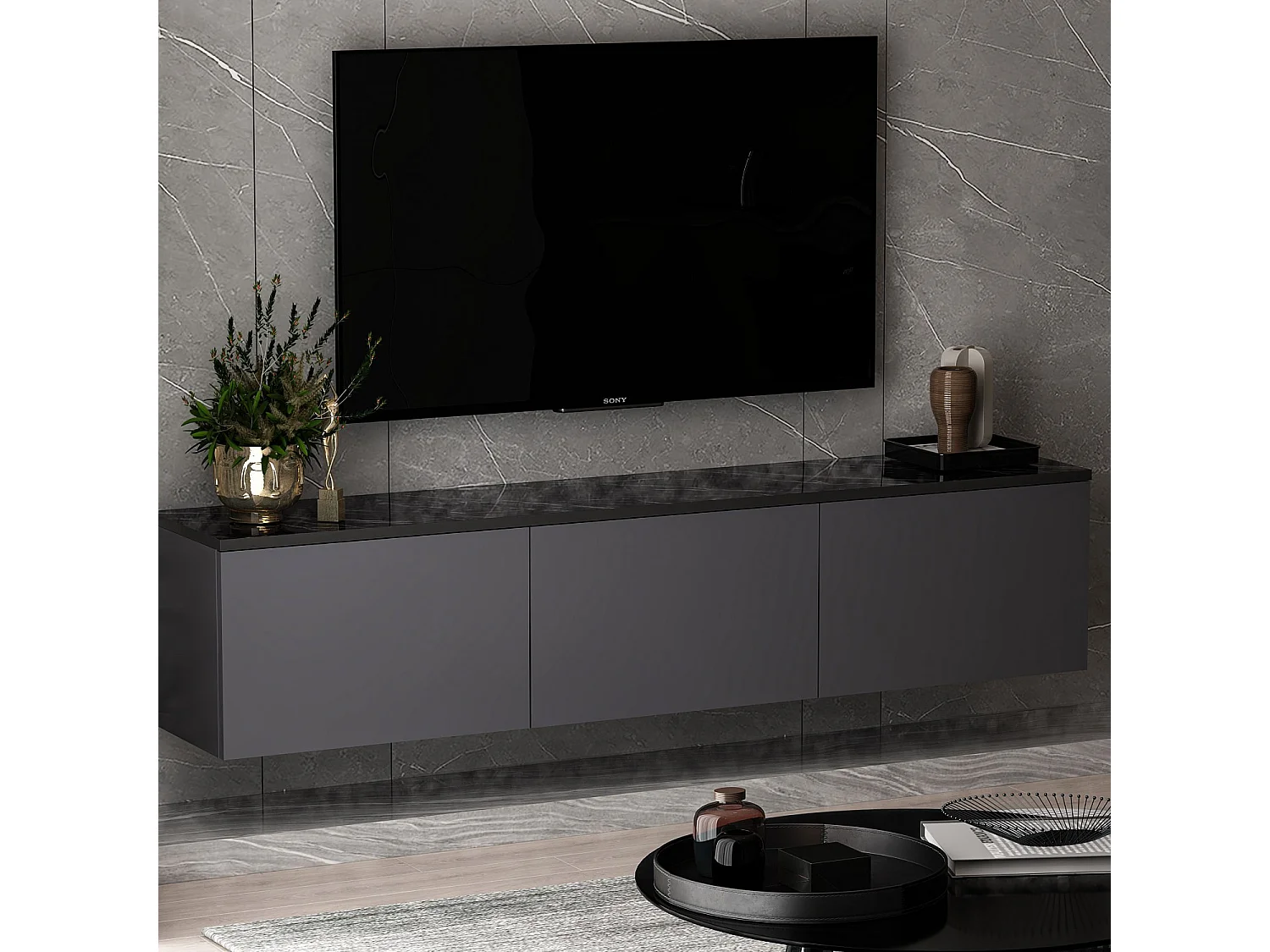 TV-meubel – 160 cm breed, 35 cm hoog, 32 cm diep – Antraciet – Melamine gecoate spaanplaat