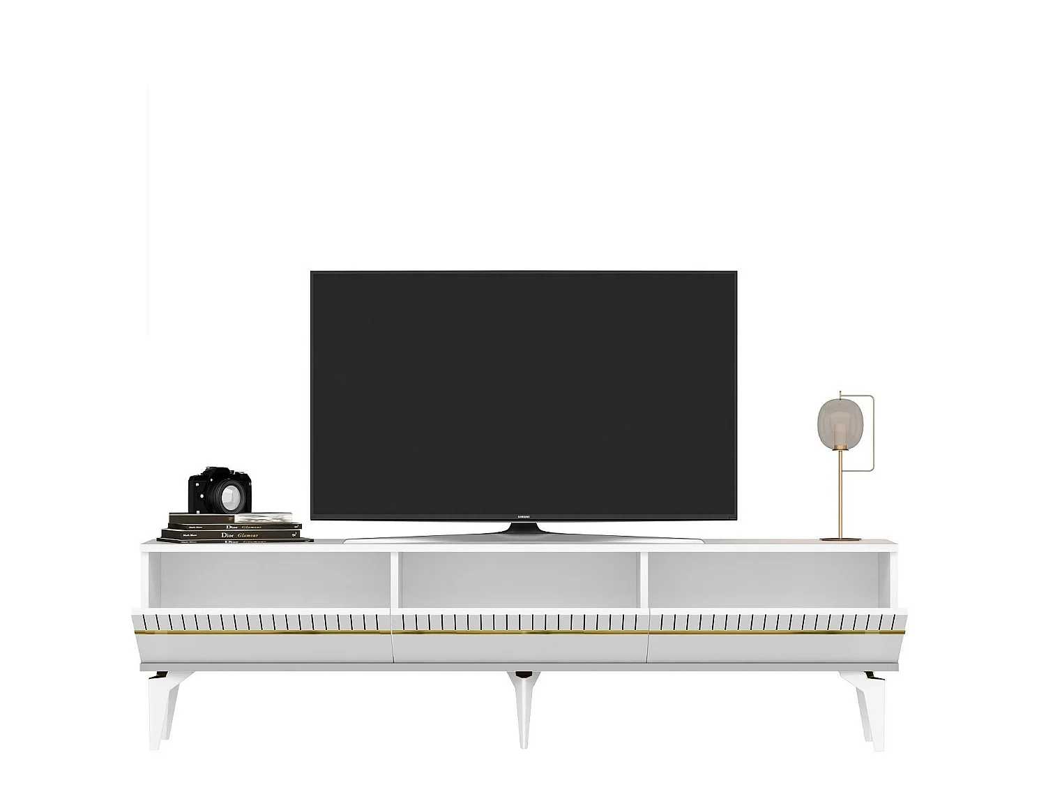 Meuble Tv design 3 portes basculantes Zerka L180cm Blanc et Or