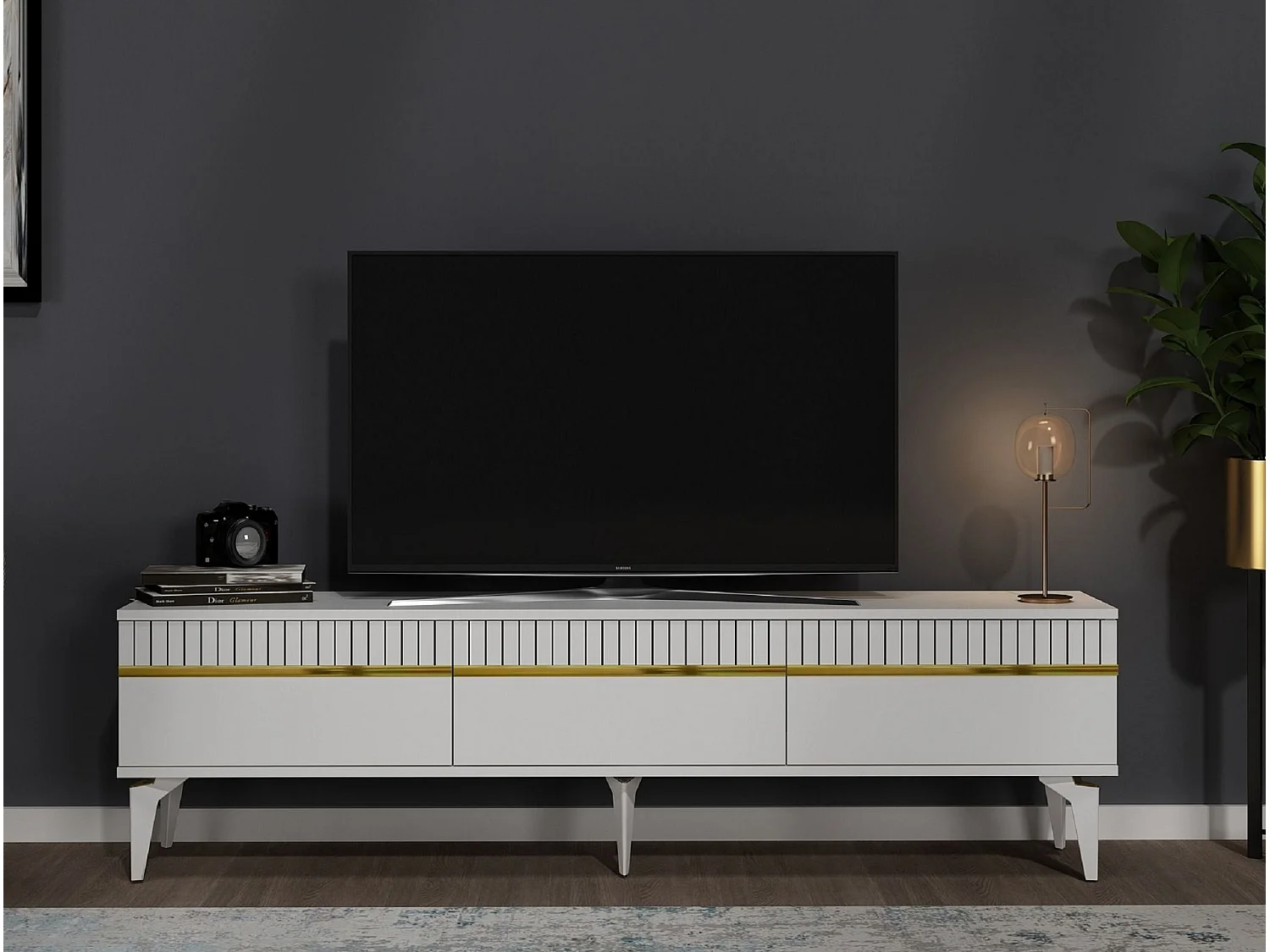 Meuble Tv design 3 portes basculantes Zerka L180cm Blanc et Or