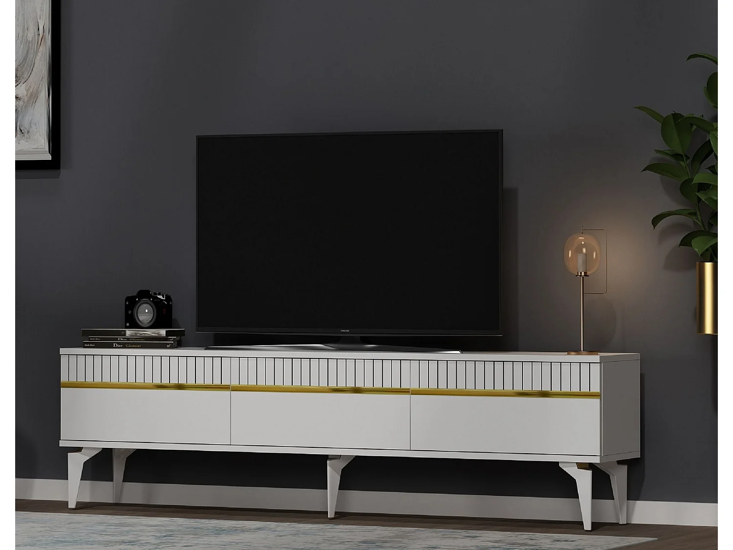 Meuble Tv design 3 portes basculantes Zerka L180cm Blanc et Or