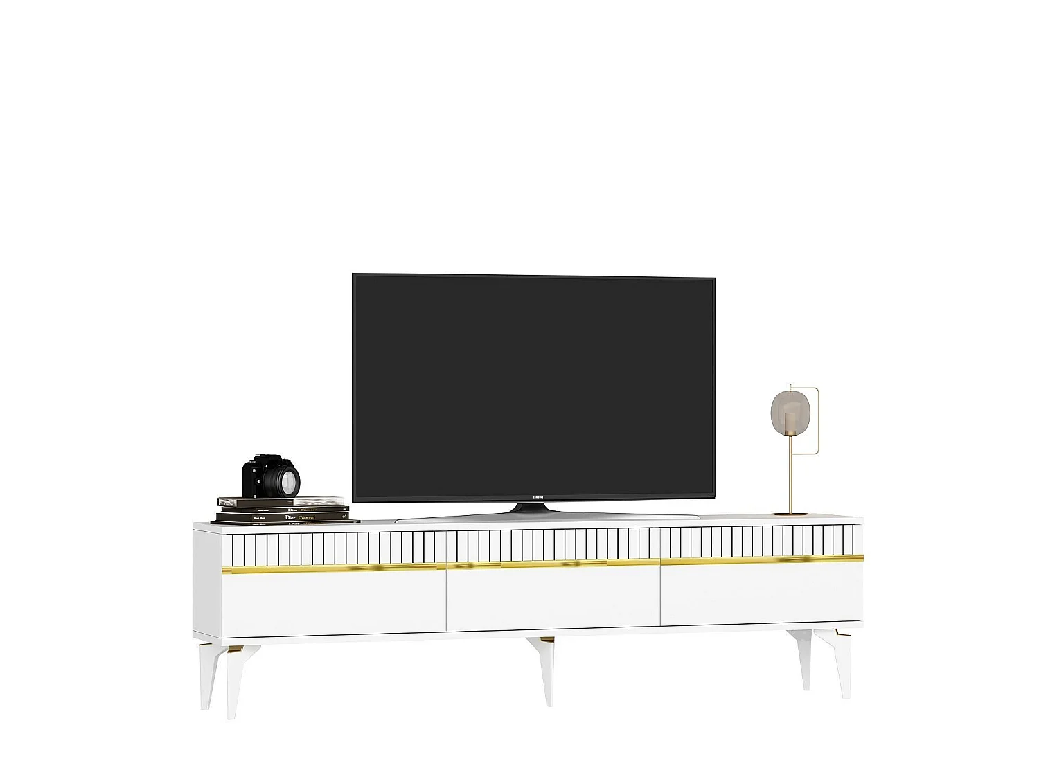 Meuble Tv design 3 portes basculantes Zerka L180cm Blanc et Or