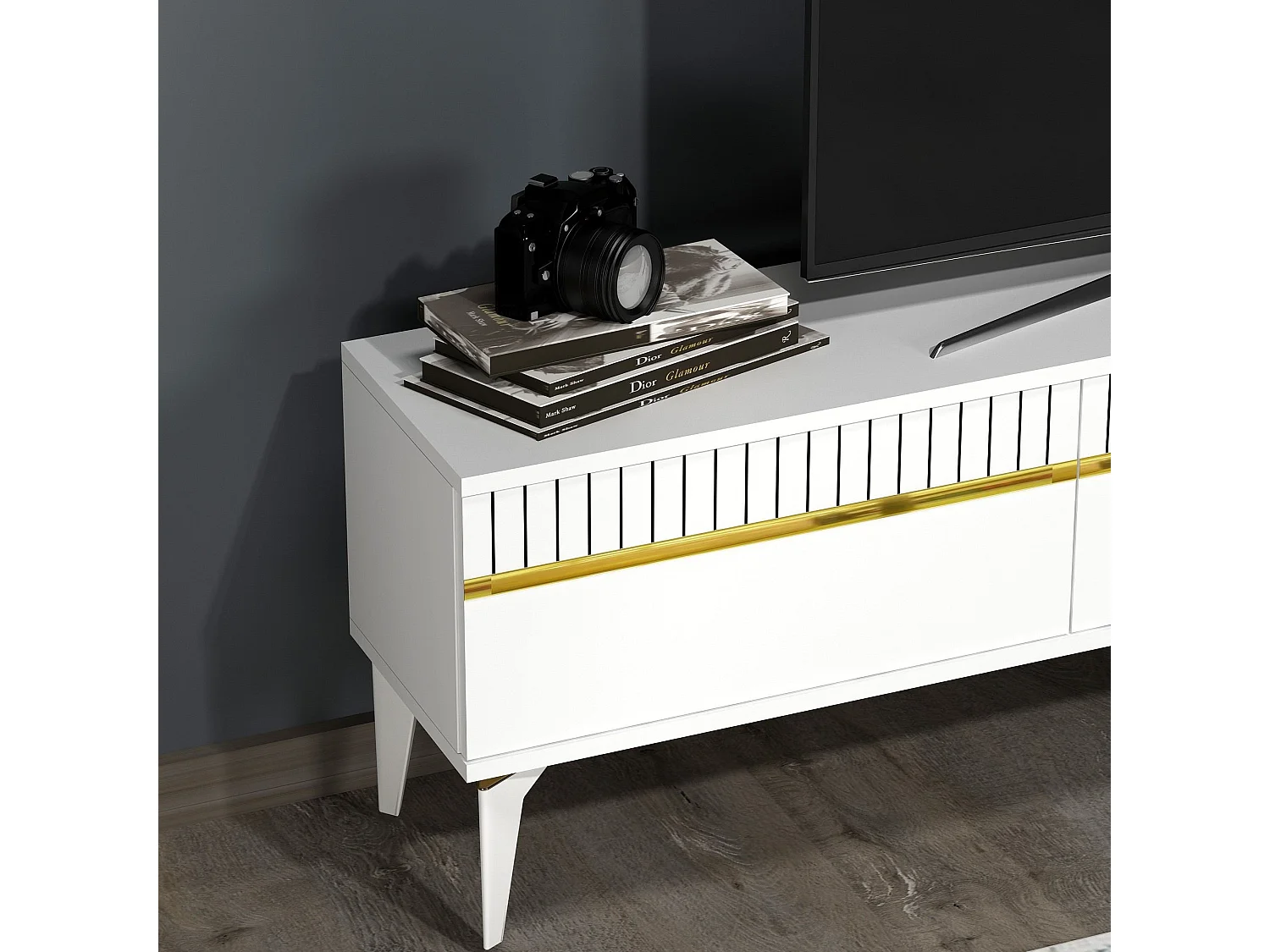 Meuble Tv design 3 portes basculantes Zerka L180cm Blanc et Or