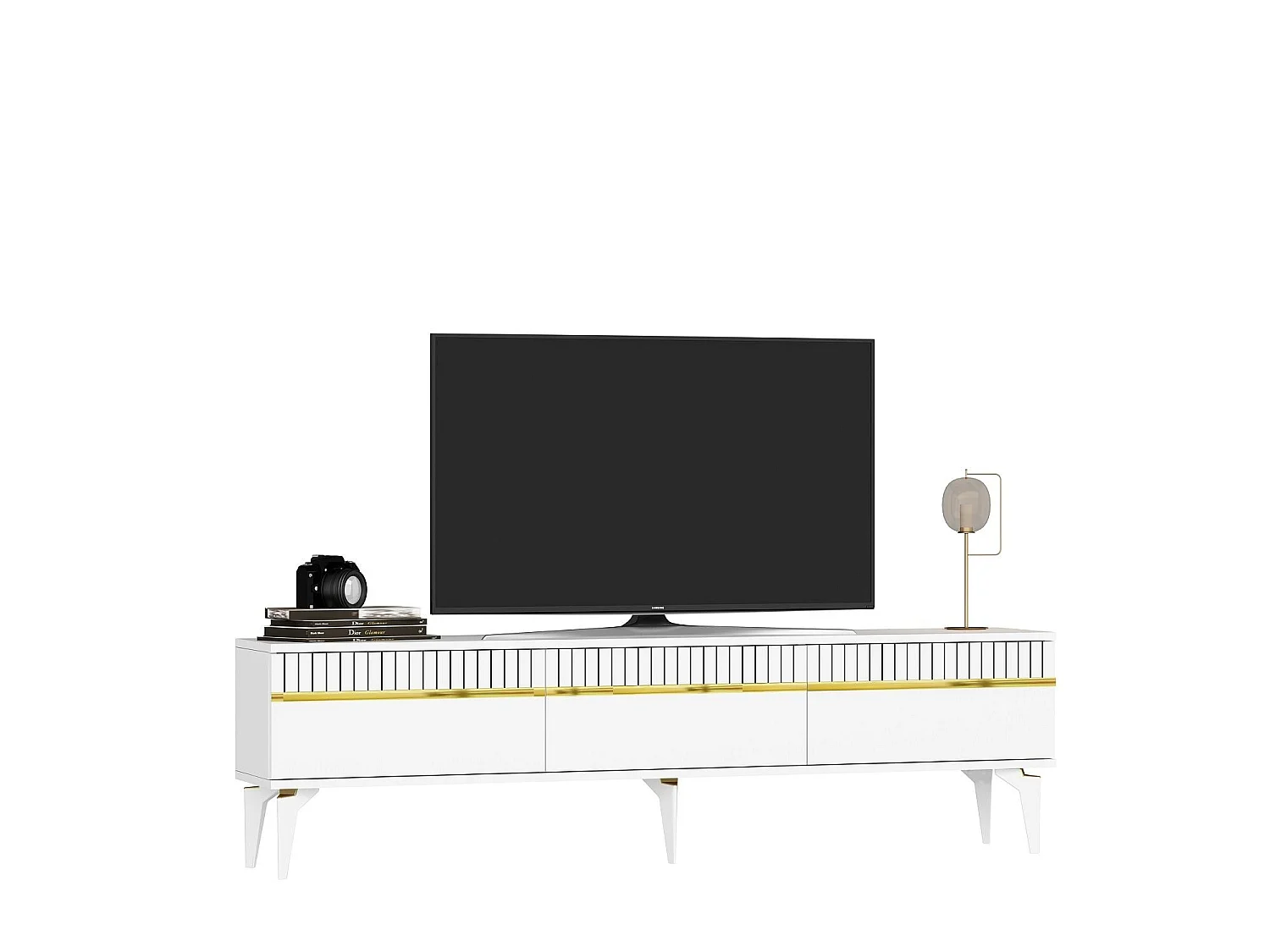 Meuble Tv design 3 portes basculantes Zerka L180cm Blanc et Or