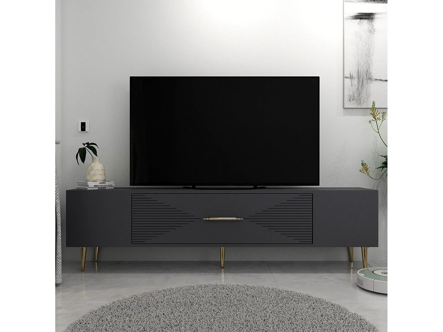TV-Ständer – 150 cm x 48,2 cm x 29,6 cm – Anthrazit und Gold – Spanplatte