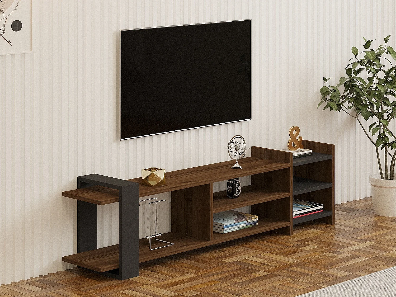 TV-Ständer – 156 cm x 40 cm x 29,6 cm – Walnuss und Anthrazit – Melaminbeschichtete Spanplatte