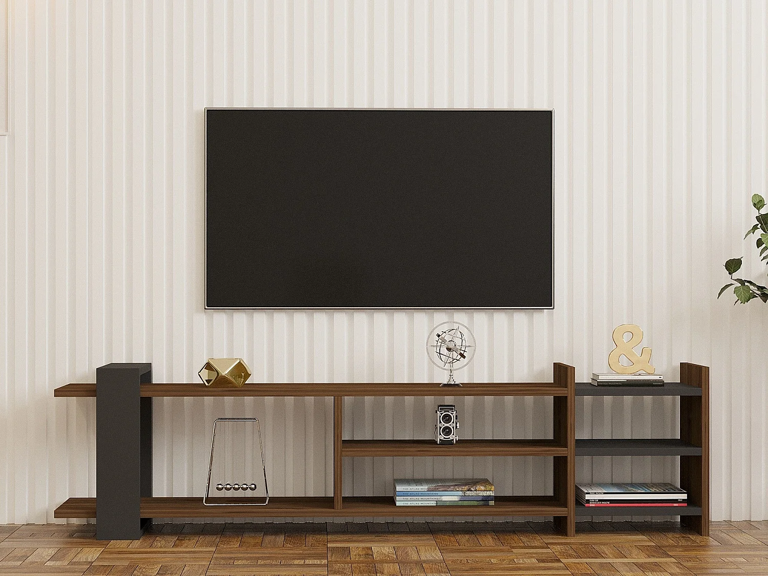 TV-Ständer – 156 cm x 40 cm x 29,6 cm – Walnuss und Anthrazit – Melaminbeschichtete Spanplatte