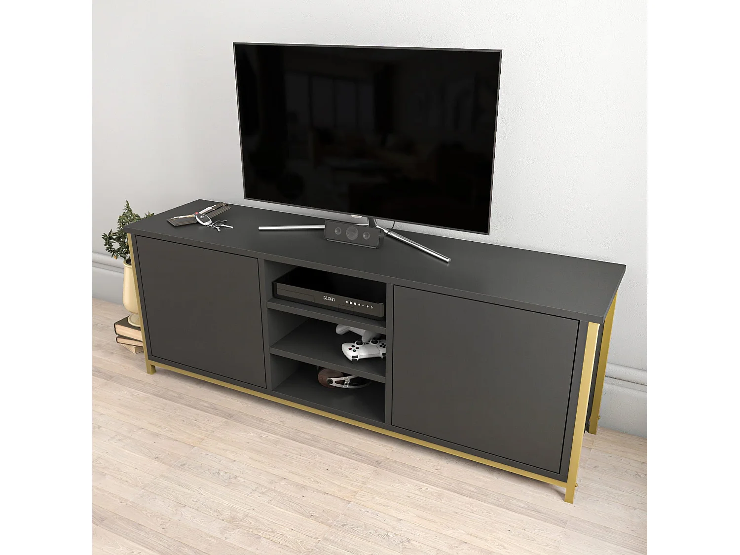 Meuble TV glamour, doré et anthracite, 140 x 35,3 x 50,8 cm | Panneau de particules 100 % mélaminé, épaisseur 18 mm | Élégant et fonctionnel pour un salon moderne