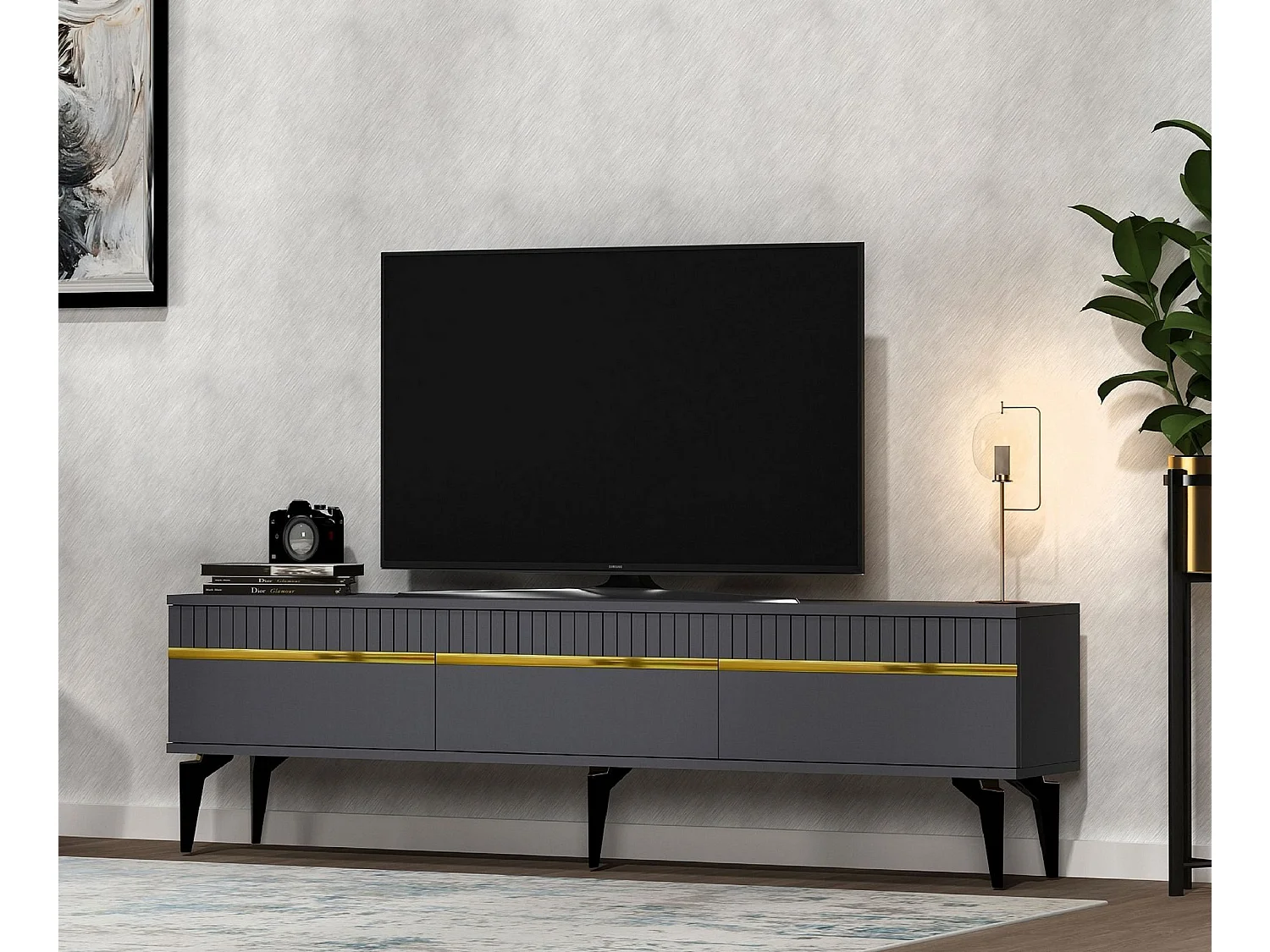 TV-Ständer – 180 cm x 44,6 cm x 29,6 cm – Anthrazit und Gold – Melaminbeschichtete Spanplatte