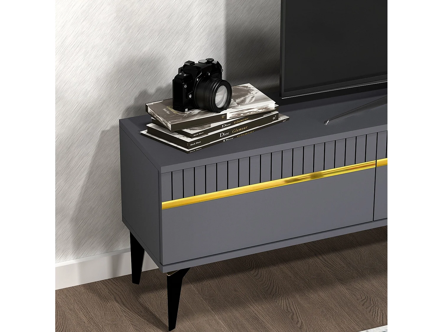 TV-Ständer – 180 cm x 44,6 cm x 29,6 cm – Anthrazit und Gold – Melaminbeschichtete Spanplatte