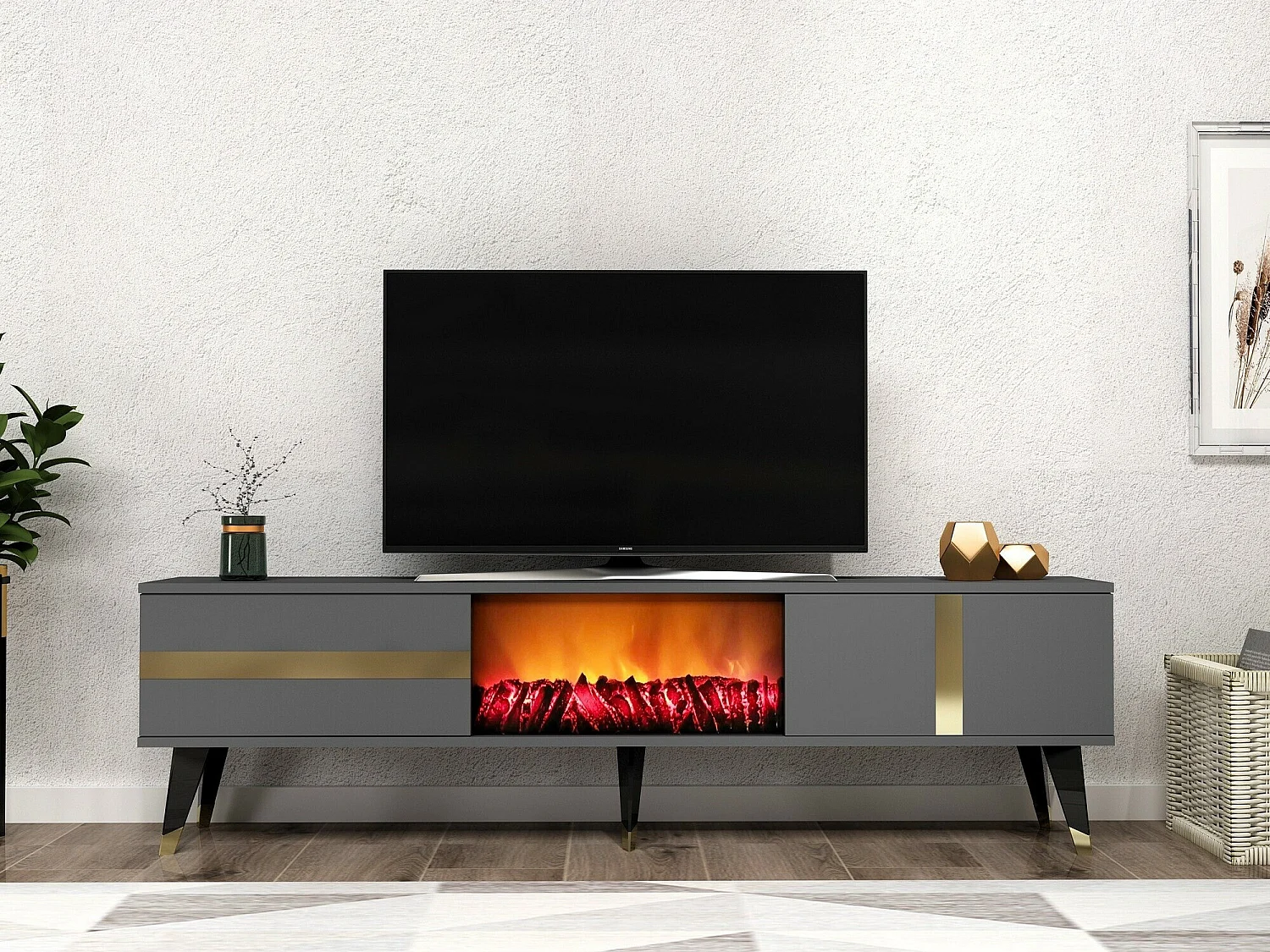 Meuble TV avec cheminée électrique – 150 cm x 50 cm x 29,6 cm – Anthracite et or – Panneau de particules mélaminé