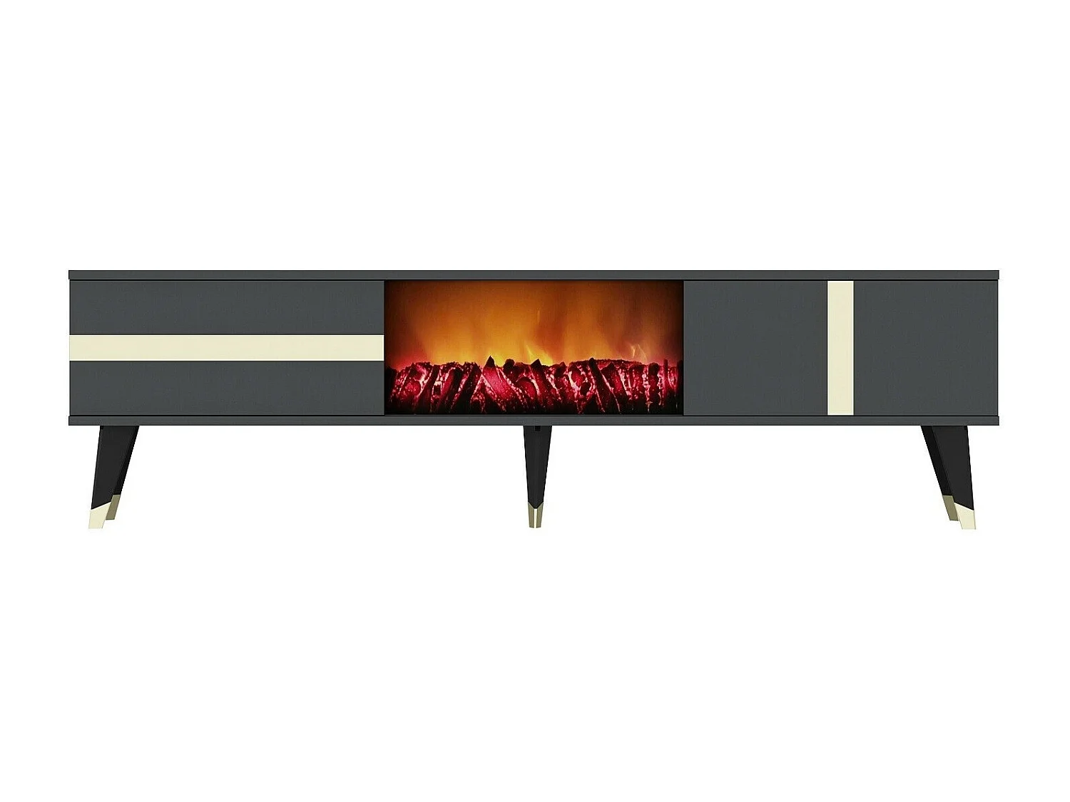 Meuble TV avec cheminée électrique – 150 cm x 50 cm x 29,6 cm – Anthracite et or – Panneau de particules mélaminé