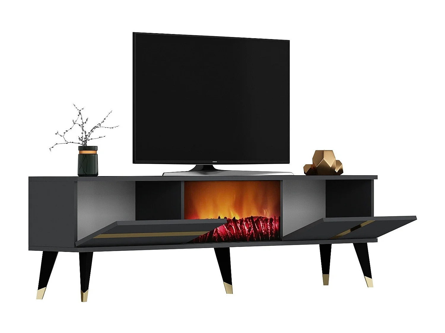 Meuble TV avec cheminée électrique – 150 cm x 50 cm x 29,6 cm – Anthracite et or – Panneau de particules mélaminé