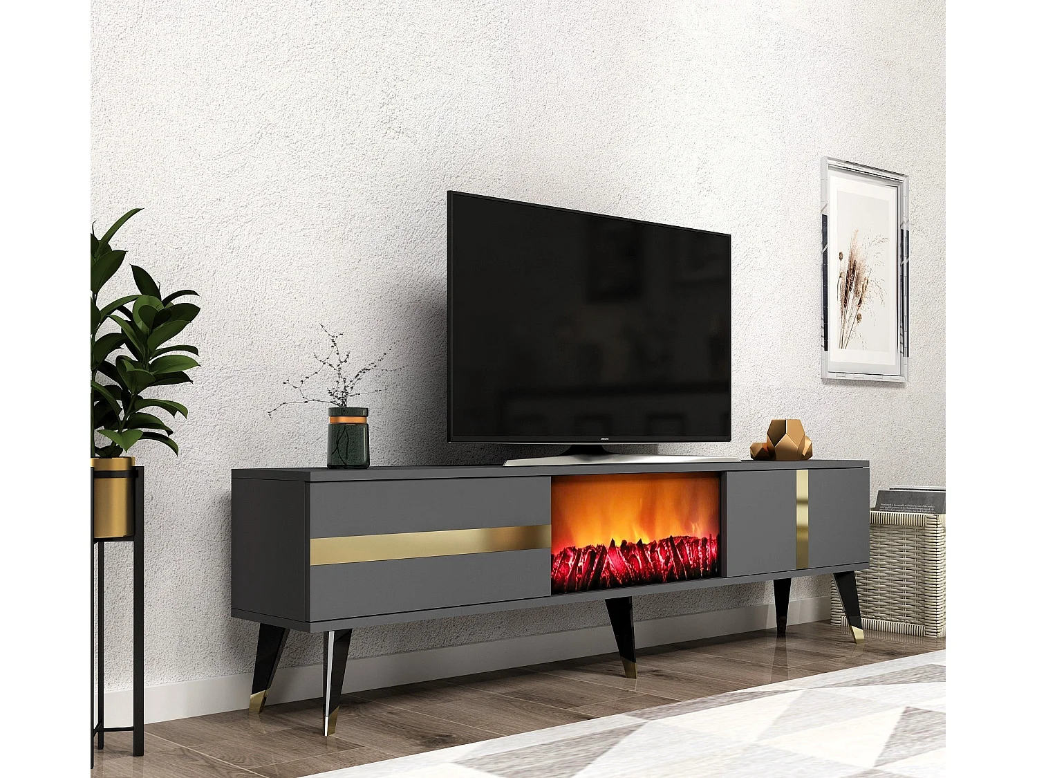 Meuble TV avec cheminée électrique – 150 cm x 50 cm x 29,6 cm – Anthracite et or – Panneau de particules mélaminé