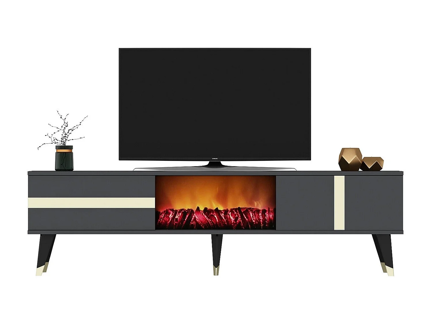 Meuble TV avec cheminée électrique – 150 cm x 50 cm x 29,6 cm – Anthracite et or – Panneau de particules mélaminé