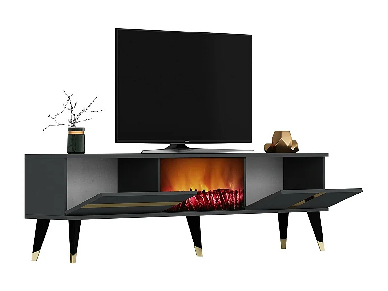 Meuble TV avec cheminée électrique – 150 cm x 50 cm x 29,6 cm – Anthracite et or – Panneau de particules mélaminé