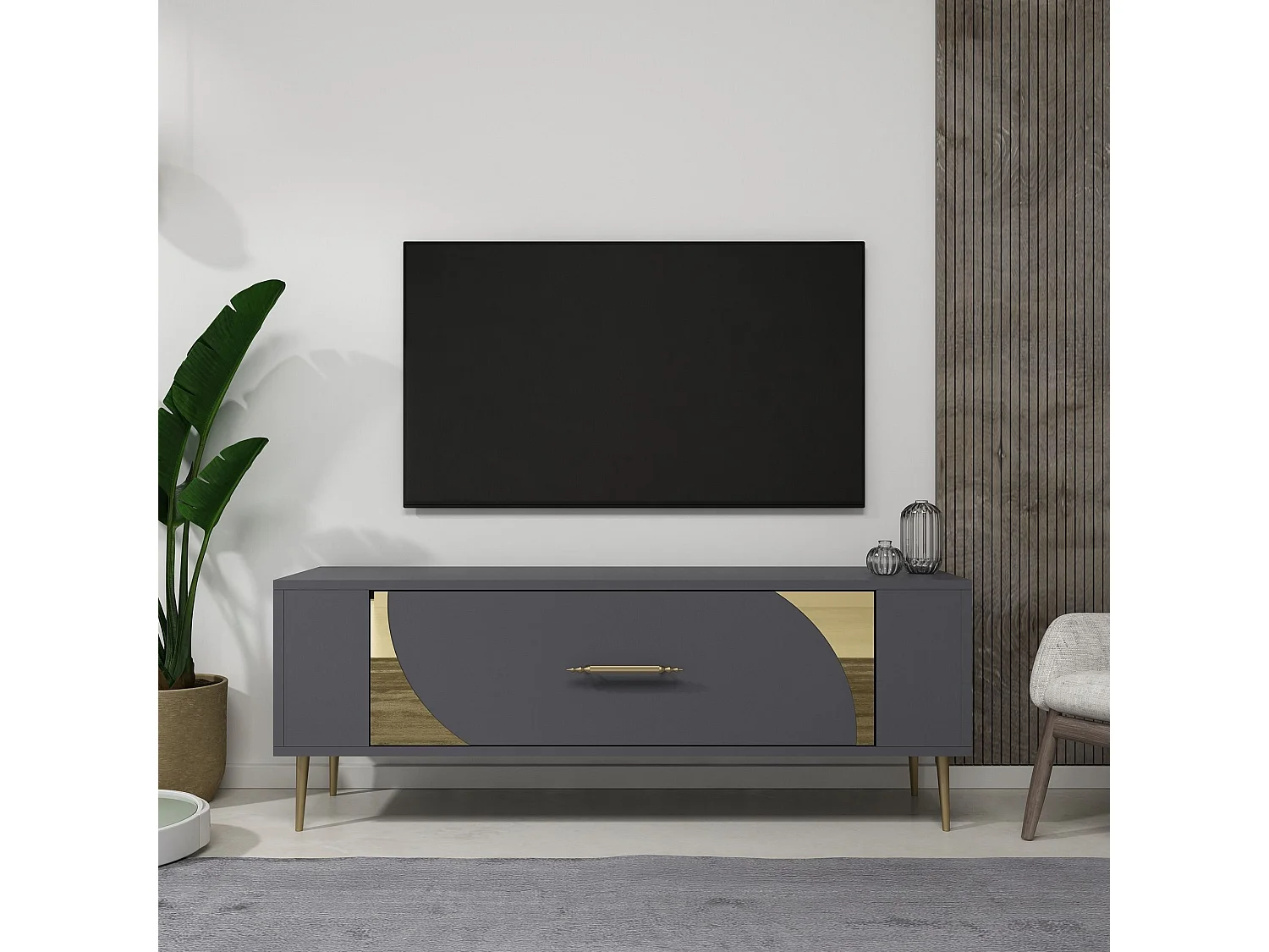 TV-Ständer – 120 cm x 48,2 cm x 26,4 cm – Anthrazit und Gold – Melaminbeschichtete Spanplatte