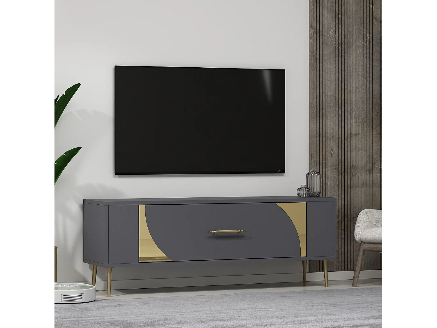 TV-Ständer – 120 cm x 48,2 cm x 26,4 cm – Anthrazit und Gold – Melaminbeschichtete Spanplatte
