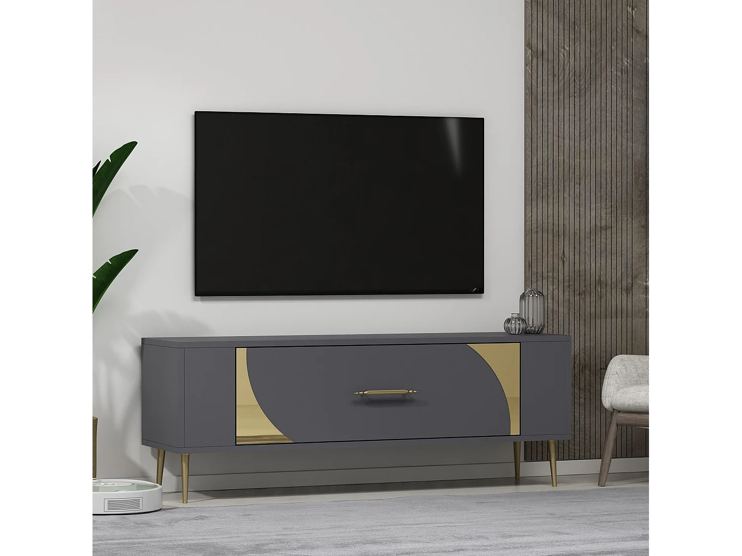 TV-Ständer – 120 cm x 48,2 cm x 26,4 cm – Anthrazit und Gold – Melaminbeschichtete Spanplatte