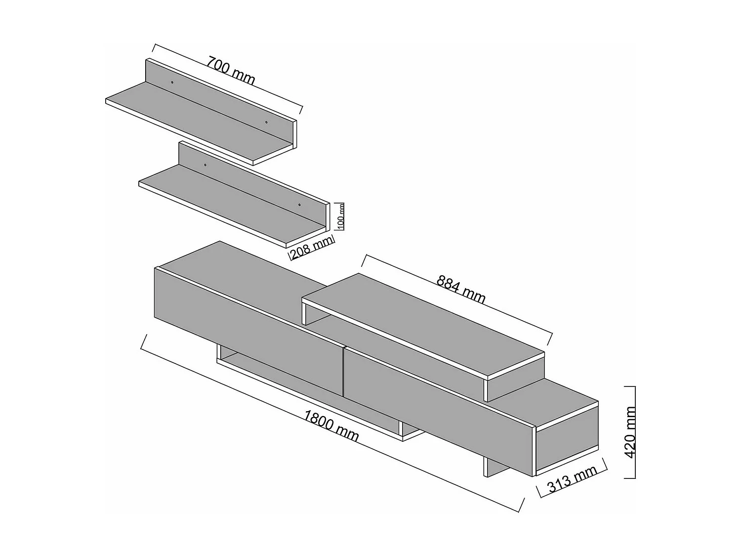 Skandinavischer TV-Ständer – 180 cm – Weiß und Teakholz – Melaminbeschichtete Spanplatte