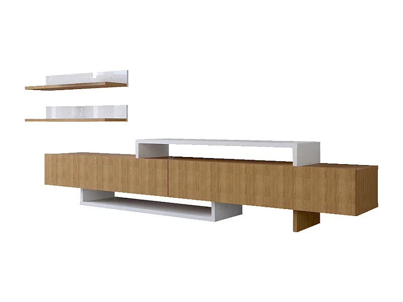 Skandinavischer TV-Ständer – 180 cm – Weiß und Teakholz – Melaminbeschichtete Spanplatte