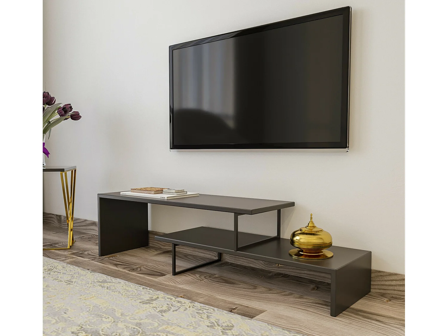 Mesa de tv Kailua 596, Antracita|Negro, 153x44x30cm
