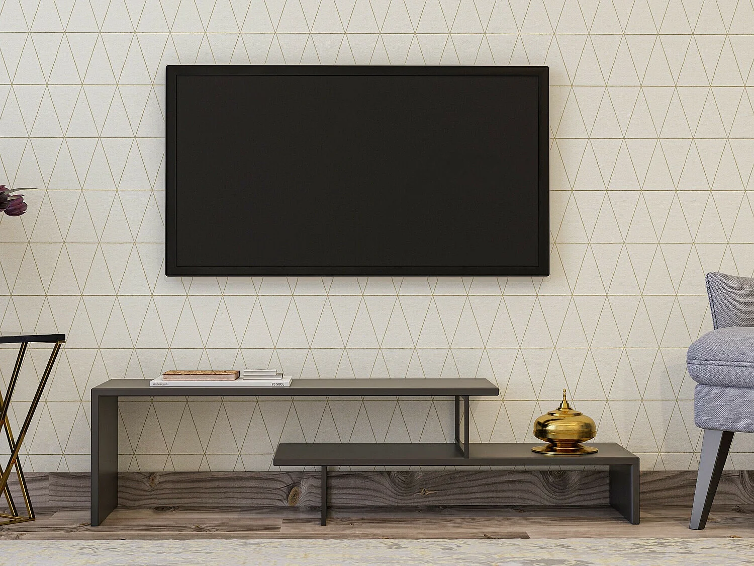 Mesa de tv Kailua 596, Antracita|Negro, 153x44x30cm