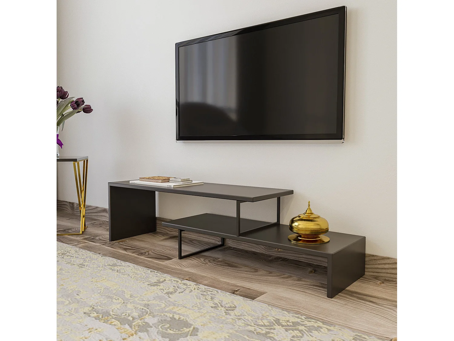 Mesa de tv Kailua 596, Antracita|Negro, 153x44x30cm