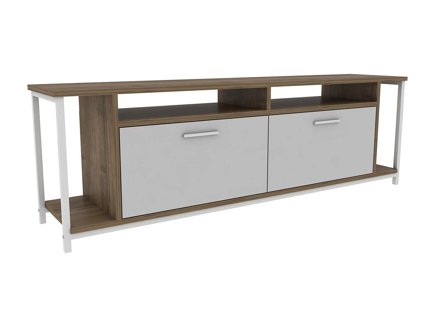 Elegante tv-standaard, 160 cm breed, wit en notenhout, 100% melamine gecoate spaanplaat, 18 mm dik | Modern design voor woonkamers en entertainmentruimtes