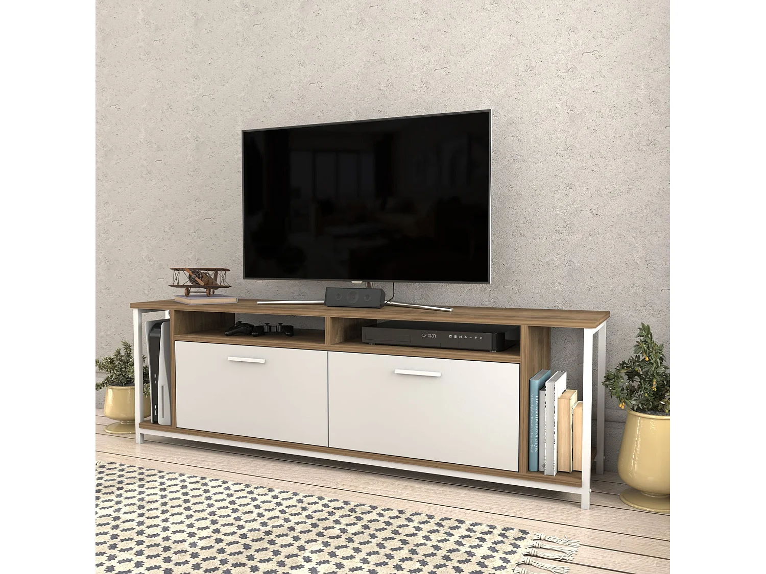 Elegante tv-standaard, 160 cm breed, wit en notenhout, 100% melamine gecoate spaanplaat, 18 mm dik | Modern design voor woonkamers en entertainmentruimtes