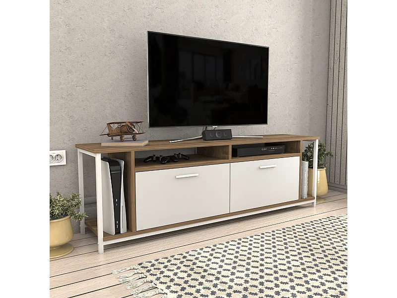 Meuble TV élégant, largeur 160 cm, blanc et noyer, aggloméré 100 % mélaminé, épaisseur 18 mm | Design moderne pour salons et espaces de divertissement