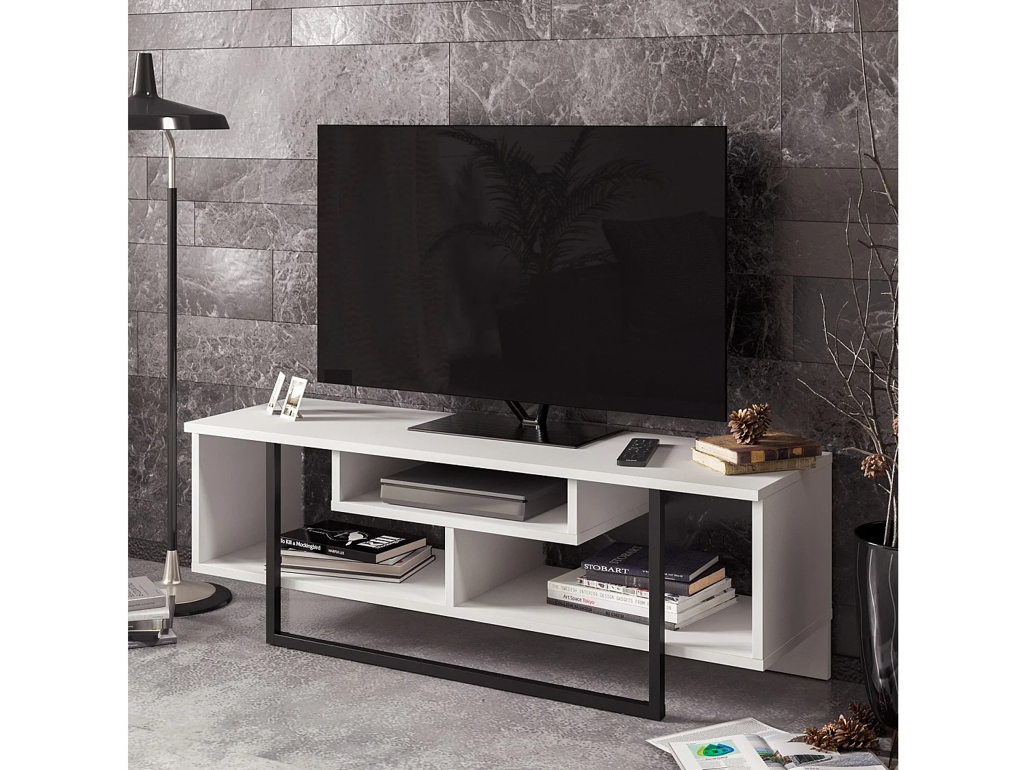 Meuble TV Nikolai L120cm Bois Blanc et Noir