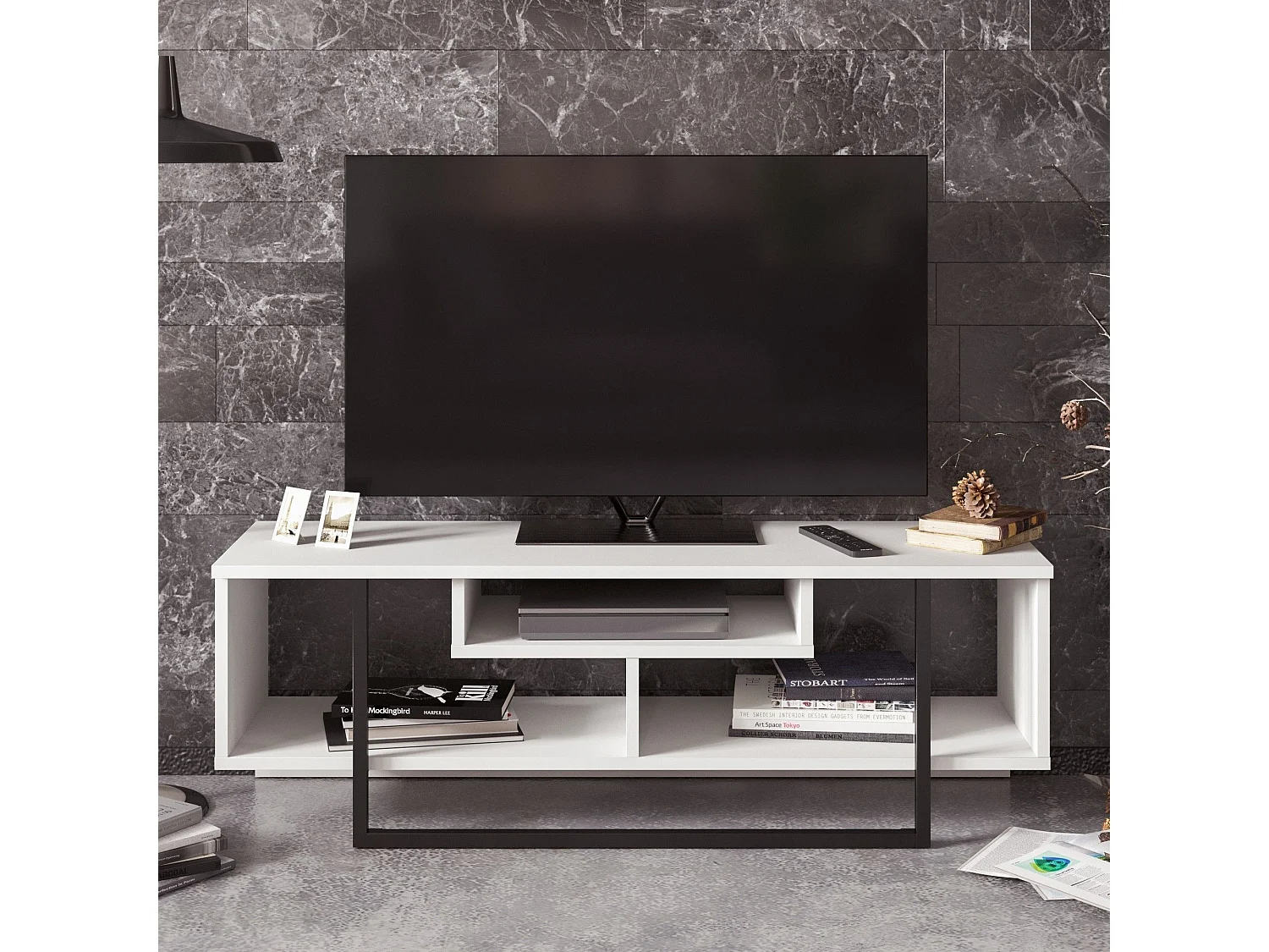 Meuble TV Nikolai L120cm Bois Blanc et Noir
