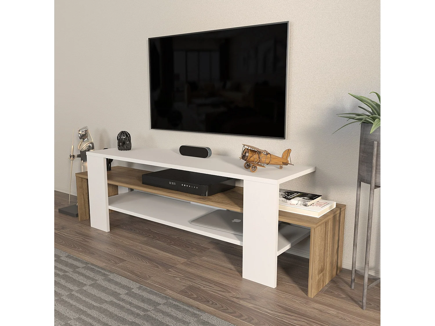 Elegante tv-meubel, 150 cm breed, wit en notenhout, 45 cm hoog, 35 cm diep | 100% melamine gecoate spaanplaat, 18 mm dik | Modern woonkamerdesign