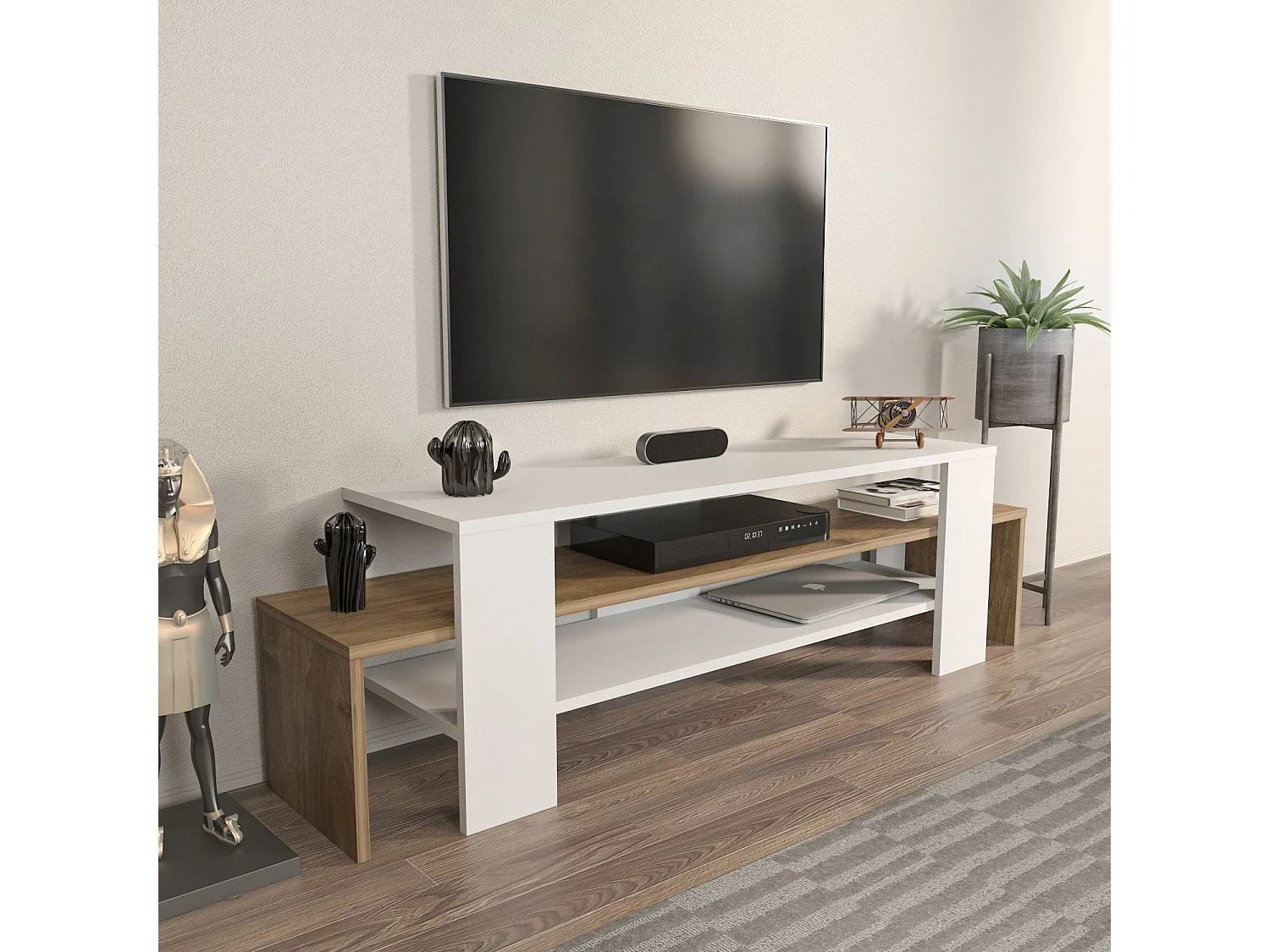Elegante tv-meubel, 150 cm breed, wit en notenhout, 45 cm hoog, 35 cm diep | 100% melamine gecoate spaanplaat, 18 mm dik | Modern woonkamerdesign