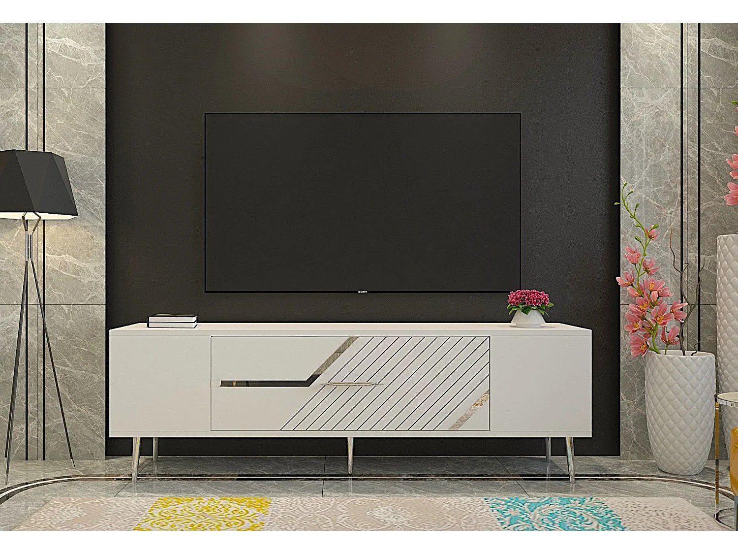 TV-meubel – 150 cm x 48,2 cm x 29,6 cm – Wit en zilver – Melamine gecoat spaanplaat