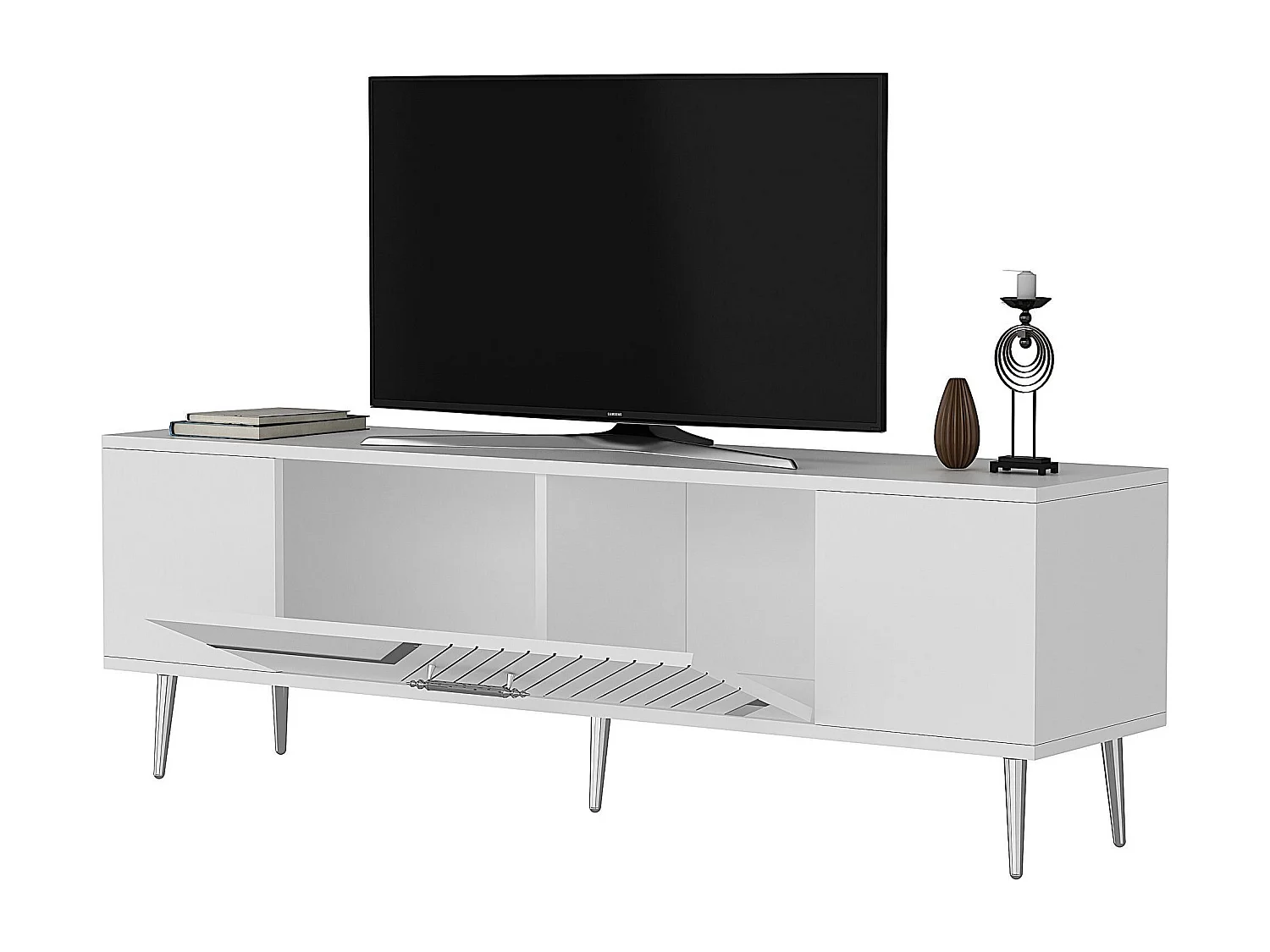 TV-meubel – 150 cm x 48,2 cm x 29,6 cm – Wit en zilver – Melamine gecoat spaanplaat