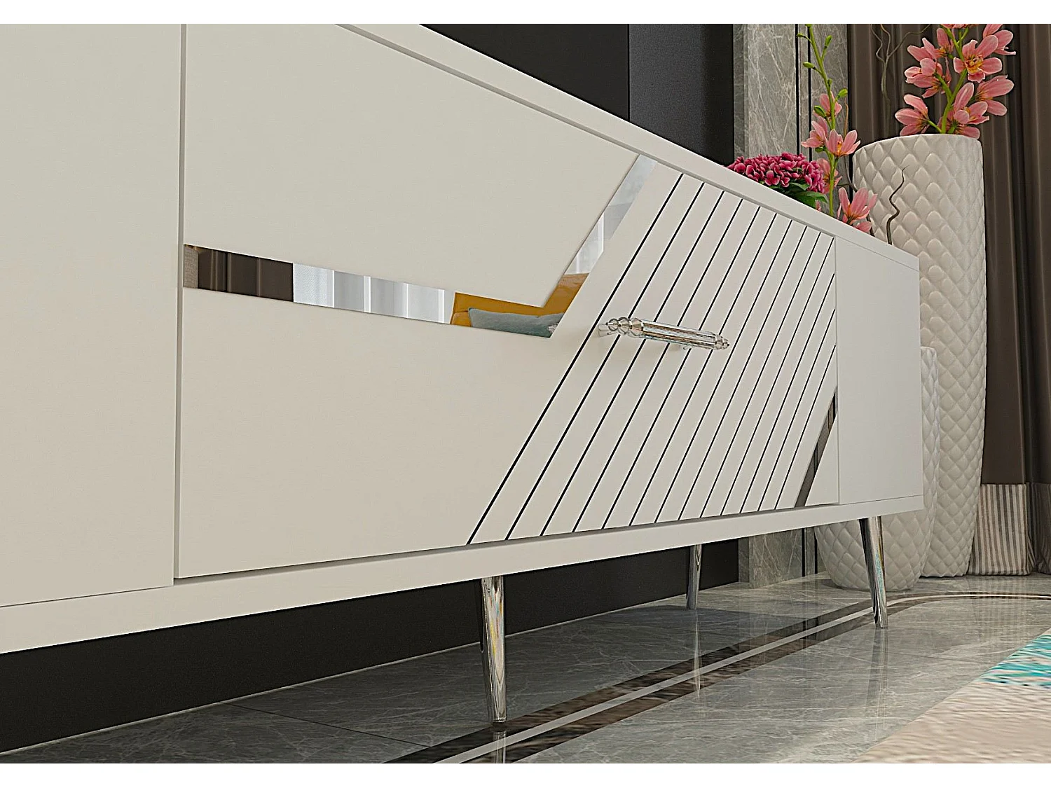 TV-meubel – 150 cm x 48,2 cm x 29,6 cm – Wit en zilver – Melamine gecoat spaanplaat