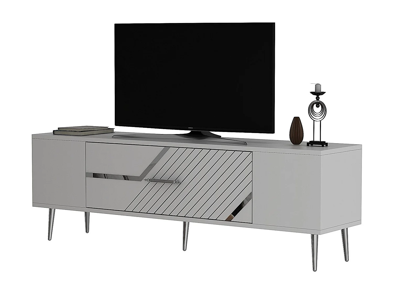TV-meubel – 150 cm x 48,2 cm x 29,6 cm – Wit en zilver – Melamine gecoat spaanplaat
